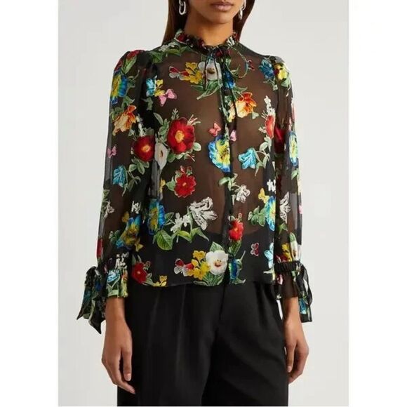 ALICE + OLIVIA julius floral-devoré chiffon blouse-X4 - Picture 1 of 6